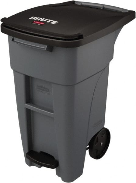 Rubbermaid - 32 Gal Gray Rectangle Trash Can - Plastic, None Graphic, 37.16" High x 20.62" Wide, Lid Included - Exact Tooling
