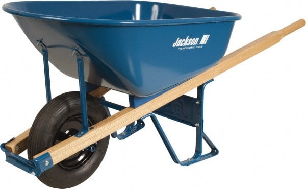 Jackson Professional Tools - 6 Cu Ft Capacity Wheelbarrow with 15" Flat Free Wheel - Wood Handle, 58-3/4" Long x 25-1/2" Wide x 27" High, Blue - Exact Tooling