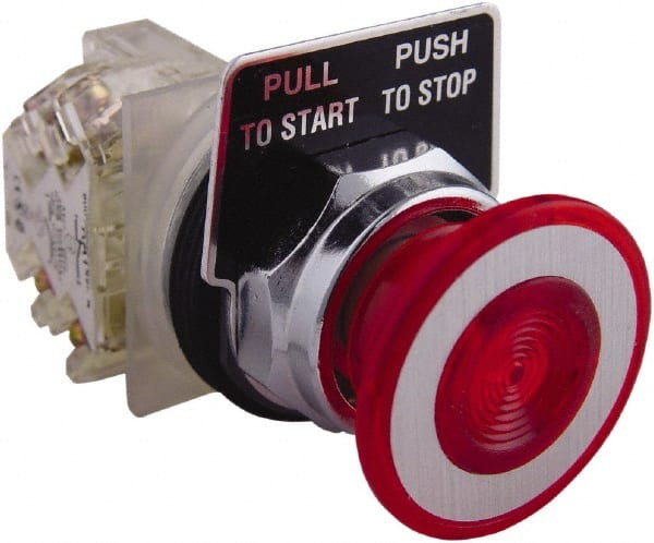 Square D - 1.18 Inch Mount Hole, Extended Mushroom Head, Pushbutton Switch Only - Round, Red Pushbutton, Nonilluminated, Shock and Vibration Resistant - Exact Tooling