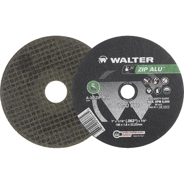 WALTER Surface Technologies - 7" 30 Grit Aluminum Oxide Cutoff Wheel - 1/16" Thick, 7/8" Arbor, 8,600 Max RPM, Use with Angle Grinders - Exact Tooling