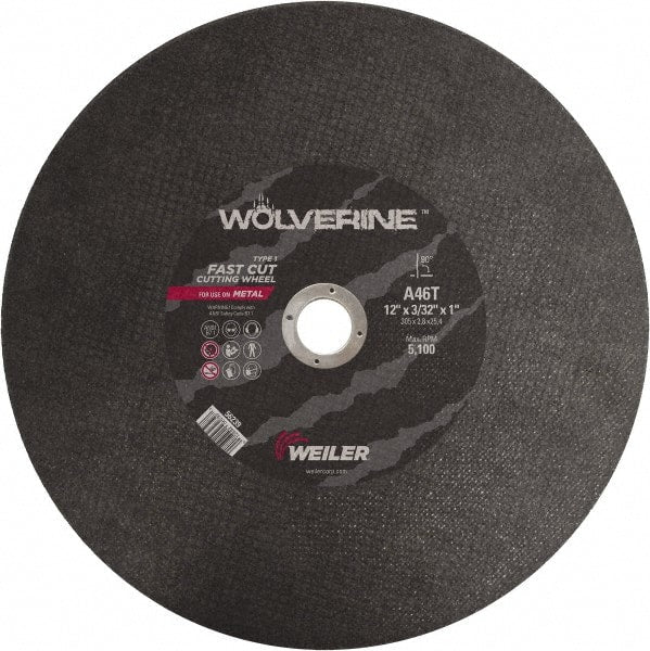 Weiler - 12" 46 Grit Aluminum Oxide Cutoff Wheel - 3/32" Thick, 1" Arbor, 5,100 Max RPM, Use with Chop Saws - Exact Tooling