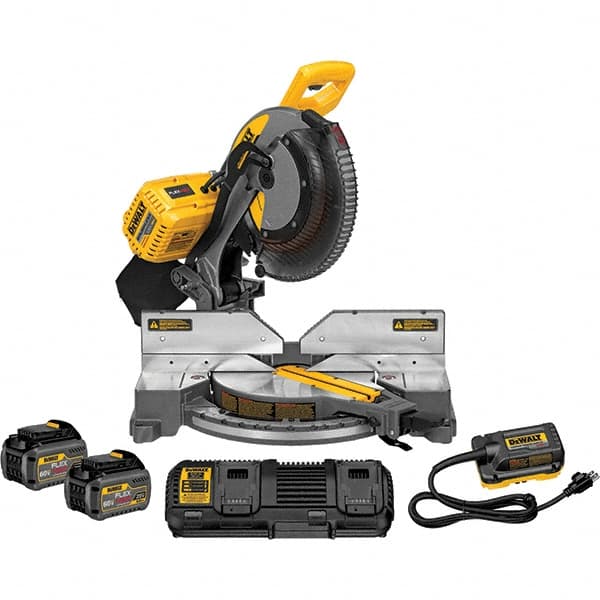 DeWALT - 15 Amp, 120 Volt, 3,800 RPM, 50° Double Bevel Miter Saw - 5/8 or 1" Arbor, 12" Blade Diam, Includes DHS716 Miter Saw, DCA120 120V Adaptor & DCA132 Charger - Exact Tooling