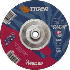 Weiler - 30 Grit, 7" Wheel Diam, 1/8" Wheel Thickness, Type 27 Depressed Center Wheel - Medium Grade, Aluminum Oxide, Resinoid Bond, S Hardness, 8,500 Max RPM - Exact Tooling