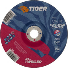 Weiler - 30 Grit, 7" Wheel Diam, 1/8" Wheel Thickness, 7/8" Arbor Hole, Type 27 Depressed Center Wheel - Medium Grade, Aluminum Oxide, Resinoid Bond, S Hardness, 8,500 Max RPM - Exact Tooling