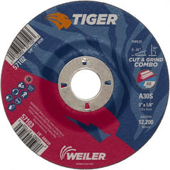 Weiler - 30 Grit, 5" Wheel Diam, 1/8" Wheel Thickness, 7/8" Arbor Hole, Type 27 Depressed Center Wheel - Medium Grade, Aluminum Oxide, Resinoid Bond, S Hardness, 12,200 Max RPM - Exact Tooling