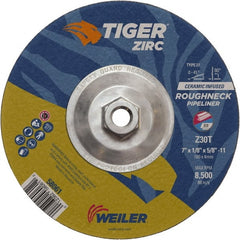 Weiler - 30 Grit, 7" Wheel Diam, 1/8" Wheel Thickness, Type 27 Depressed Center Wheel - Medium Grade, Zirconia Alumina, Resinoid Bond, T Hardness, 8,500 Max RPM - Exact Tooling
