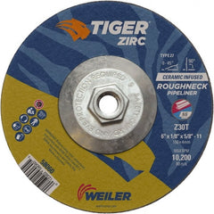 Weiler - 30 Grit, 6" Wheel Diam, 1/8" Wheel Thickness, Type 27 Depressed Center Wheel - Medium Grade, Zirconia Alumina, Resinoid Bond, T Hardness, 10,200 Max RPM - Exact Tooling