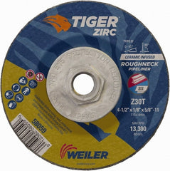 Weiler - 30 Grit, 4-1/2" Wheel Diam, 1/8" Wheel Thickness, Type 27 Depressed Center Wheel - Medium Grade, Zirconia Alumina, Resinoid Bond, T Hardness, 13,300 Max RPM - Exact Tooling