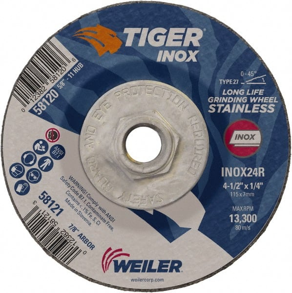 Weiler - 24 Grit, 4-1/2" Wheel Diam, 1/4" Wheel Thickness, Type 27 Depressed Center Wheel - Coarse Grade, Aluminum Oxide, Resinoid Bond, R Hardness, 13,300 Max RPM - Exact Tooling