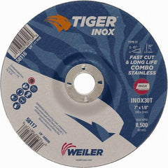 Weiler - 30 Grit, 7" Wheel Diam, 1/8" Wheel Thickness, 7/8" Arbor Hole, Type 27 Depressed Center Wheel - Medium Grade, Aluminum Oxide, Resinoid Bond, T Hardness, 8,500 Max RPM - Exact Tooling