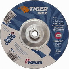 Weiler - 30 Grit, 7" Wheel Diam, 1/8" Wheel Thickness, Type 27 Depressed Center Wheel - Medium Grade, Aluminum Oxide, Resinoid Bond, T Hardness, 8,500 Max RPM - Exact Tooling