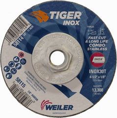 Weiler - 30 Grit, 4-1/2" Wheel Diam, 1/8" Wheel Thickness, Type 27 Depressed Center Wheel - Medium Grade, Aluminum Oxide, Resinoid Bond, T Hardness, 13,300 Max RPM - Exact Tooling