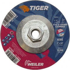 Weiler - 30 Grit, 5" Wheel Diam, 1/8" Wheel Thickness, Type 27 Depressed Center Wheel - Medium Grade, Aluminum Oxide, Resinoid Bond, S Hardness, 12,200 Max RPM - Exact Tooling