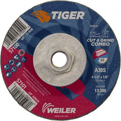 Weiler - 30 Grit, 4-1/2" Wheel Diam, 1/8" Wheel Thickness, Type 27 Depressed Center Wheel - Medium Grade, Aluminum Oxide, Resinoid Bond, S Hardness, 13,300 Max RPM - Exact Tooling
