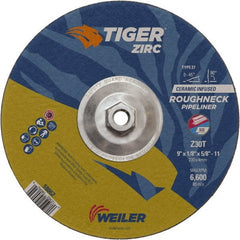 Weiler - 30 Grit, 9" Wheel Diam, 1/8" Wheel Thickness, Type 27 Depressed Center Wheel - Medium Grade, Zirconia Alumina, Resinoid Bond, T Hardness, 6,600 Max RPM - Exact Tooling