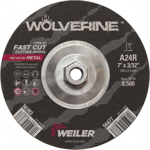 Weiler - 24 Grit, 7" Wheel Diam, 3/32" Wheel Thickness, Type 27 Depressed Center Wheel - Coarse Grade, Aluminum Oxide, Resinoid Bond, R Hardness, 8,500 Max RPM - Exact Tooling