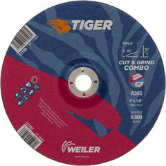 Weiler - 30 Grit, 9" Wheel Diam, 1/8" Wheel Thickness, 7/8" Arbor Hole, Type 27 Depressed Center Wheel - Medium Grade, Aluminum Oxide, Resinoid Bond, S Hardness, 6,600 Max RPM - Exact Tooling