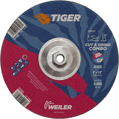Weiler - 30 Grit, 9" Wheel Diam, 1/8" Wheel Thickness, Type 27 Depressed Center Wheel - Medium Grade, Aluminum Oxide, Resinoid Bond, S Hardness, 6,600 Max RPM - Exact Tooling
