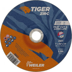Weiler - 60 Grit, 7" Wheel Diam, 7/8" Arbor Hole, Type 27 Depressed Center Wheel - Medium Grade, Zirconia Alumina, Resinoid Bond, T Hardness, 8,500 Max RPM - Exact Tooling