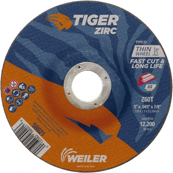 Weiler - 60 Grit, 5" Wheel Diam, 7/8" Arbor Hole, Type 27 Depressed Center Wheel - Medium Grade, Zirconia Alumina, Resinoid Bond, T Hardness, 12,200 Max RPM - Exact Tooling