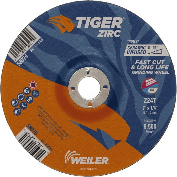 Weiler - 24 Grit, 7" Wheel Diam, 1/4" Wheel Thickness, 7/8" Arbor Hole, Type 27 Depressed Center Wheel - Coarse Grade, Zirconia Alumina, Resinoid Bond, T Hardness, 8,500 Max RPM - Exact Tooling