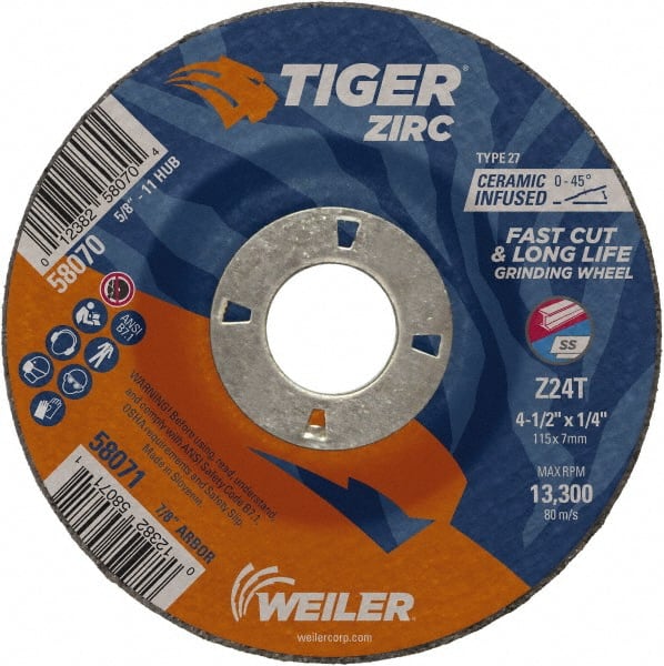 Weiler - 24 Grit, 4-1/2" Wheel Diam, 1/4" Wheel Thickness, 7/8" Arbor Hole, Type 27 Depressed Center Wheel - Coarse Grade, Zirconia Alumina, Resinoid Bond, T Hardness, 13,300 Max RPM - Exact Tooling