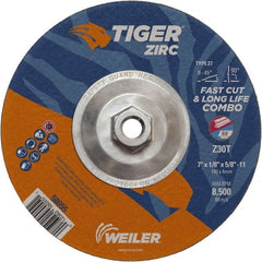 Weiler - 30 Grit, 7" Wheel Diam, 1/8" Wheel Thickness, Type 27 Depressed Center Wheel - Medium Grade, Zirconia Alumina, Resinoid Bond, T Hardness, 8,500 Max RPM - Exact Tooling