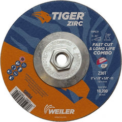 Weiler - 30 Grit, 6" Wheel Diam, 1/8" Wheel Thickness, Type 27 Depressed Center Wheel - Medium Grade, Zirconia Alumina, Resinoid Bond, T Hardness, 10,200 Max RPM - Exact Tooling