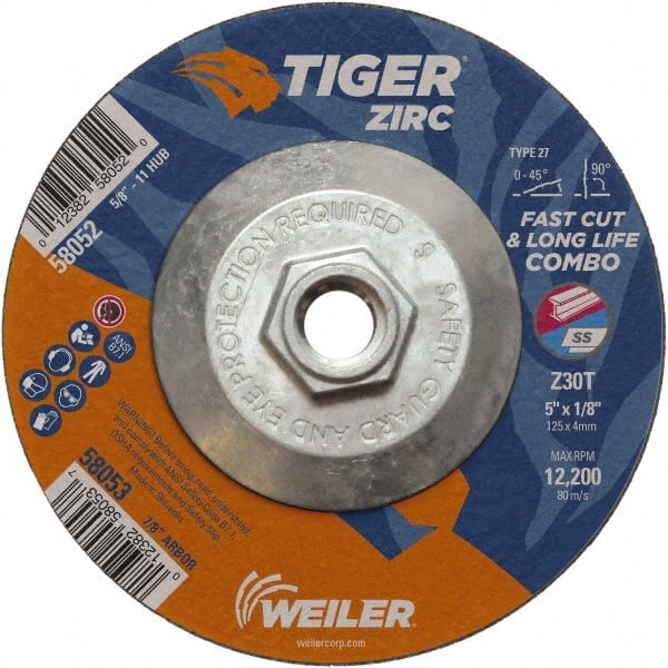 Weiler - 30 Grit, 5" Wheel Diam, 1/8" Wheel Thickness, Type 27 Depressed Center Wheel - Medium Grade, Zirconia Alumina, Resinoid Bond, T Hardness, 12,200 Max RPM - Exact Tooling
