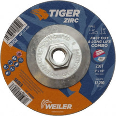 Weiler - 30 Grit, 5" Wheel Diam, 1/8" Wheel Thickness, Type 27 Depressed Center Wheel - Medium Grade, Zirconia Alumina, Resinoid Bond, T Hardness, 12,200 Max RPM - Exact Tooling