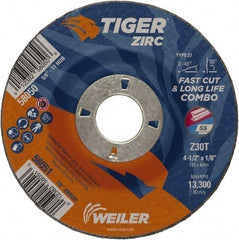Weiler - 30 Grit, 4-1/2" Wheel Diam, 1/8" Wheel Thickness, 7/8" Arbor Hole, Type 27 Depressed Center Wheel - Medium Grade, Zirconia Alumina, Resinoid Bond, T Hardness, 13,300 Max RPM - Exact Tooling
