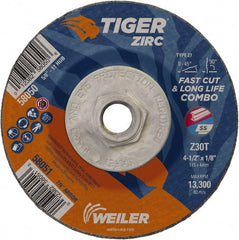 Weiler - 30 Grit, 4-1/2" Wheel Diam, 1/8" Wheel Thickness, Type 27 Depressed Center Wheel - Medium Grade, Zirconia Alumina, Resinoid Bond, T Hardness, 13,300 Max RPM - Exact Tooling