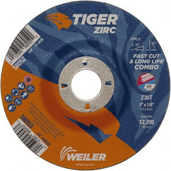 Weiler - 30 Grit, 5" Wheel Diam, 1/8" Wheel Thickness, 7/8" Arbor Hole, Type 27 Depressed Center Wheel - Medium Grade, Zirconia Alumina, Resinoid Bond, T Hardness, 12,200 Max RPM - Exact Tooling