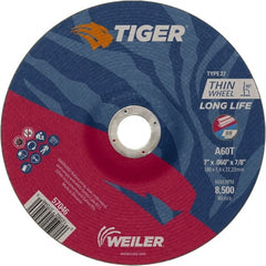 Weiler - 60 Grit, 7" Wheel Diam, 7/8" Arbor Hole, Type 27 Depressed Center Wheel - Medium Grade, Aluminum Oxide, Resinoid Bond, T Hardness, 8,500 Max RPM - Exact Tooling