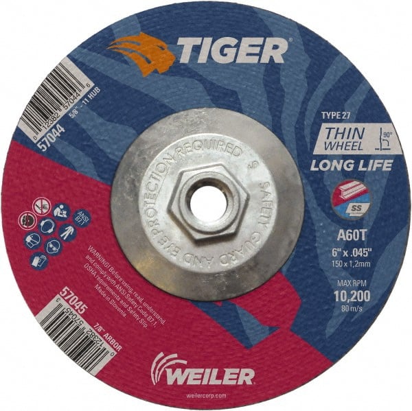 Weiler - 60 Grit, 6" Wheel Diam, Type 27 Depressed Center Wheel - Medium Grade, Aluminum Oxide, Resinoid Bond, T Hardness, 10,200 Max RPM - Exact Tooling
