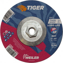 Weiler - 60 Grit, 6" Wheel Diam, Type 27 Depressed Center Wheel - Medium Grade, Aluminum Oxide, Resinoid Bond, T Hardness, 10,200 Max RPM - Exact Tooling