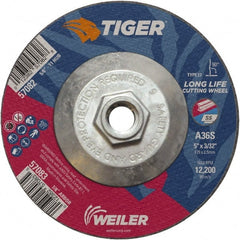 Weiler - 60 Grit, 5" Wheel Diam, 3/32" Wheel Thickness, Type 27 Depressed Center Wheel - Medium Grade, Aluminum Oxide, Resinoid Bond, T Hardness, 12,200 Max RPM - Exact Tooling