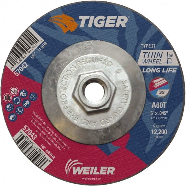 Weiler - 60 Grit, 5" Wheel Diam, Type 27 Depressed Center Wheel - Medium Grade, Aluminum Oxide, Resinoid Bond, T Hardness, 12,200 Max RPM - Exact Tooling