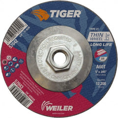 Weiler - 60 Grit, 5" Wheel Diam, Type 27 Depressed Center Wheel - Medium Grade, Aluminum Oxide, Resinoid Bond, T Hardness, 12,200 Max RPM - Exact Tooling