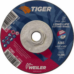 Weiler - 60 Grit, 4-1/2" Wheel Diam, 3/32" Wheel Thickness, Type 27 Depressed Center Wheel - Medium Grade, Aluminum Oxide, Resinoid Bond, T Hardness, 13,300 Max RPM - Exact Tooling
