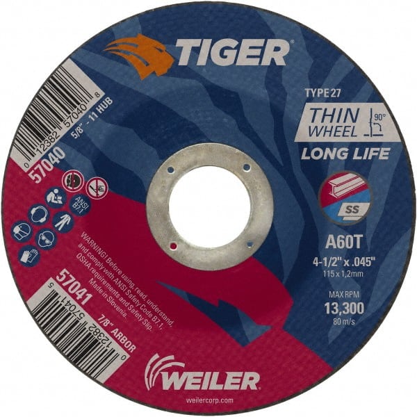 Weiler - 60 Grit, 4-1/2" Wheel Diam, Type 27 Depressed Center Wheel - Medium Grade, Aluminum Oxide, Resinoid Bond, T Hardness, 13,300 Max RPM - Exact Tooling