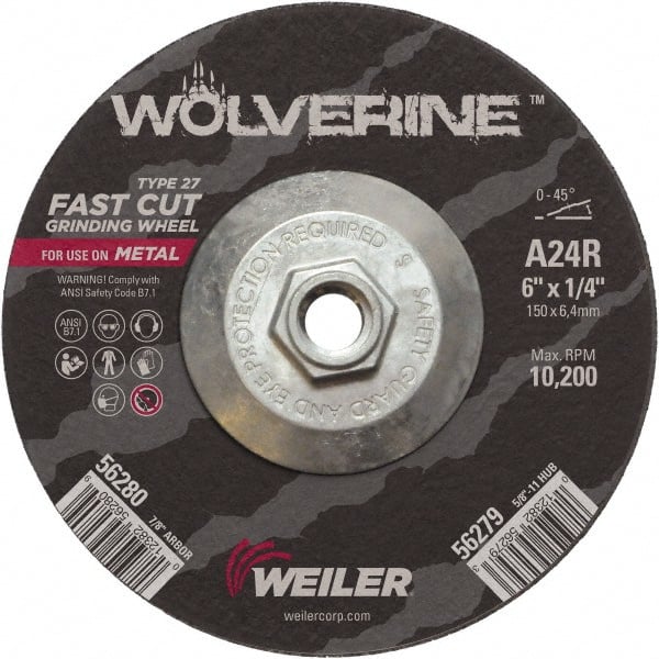 Weiler - 24 Grit, 6" Wheel Diam, 1/4" Wheel Thickness, Type 27 Depressed Center Wheel - Coarse Grade, Aluminum Oxide, Resinoid Bond, R Hardness, 10,200 Max RPM - Exact Tooling