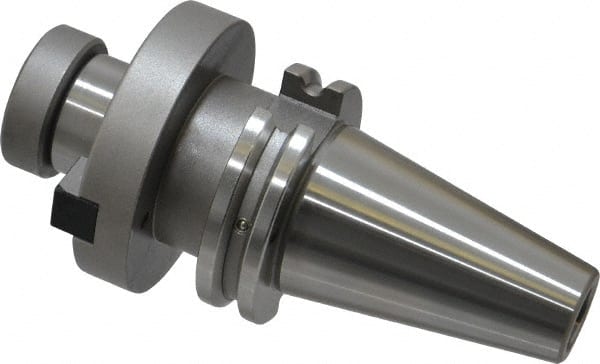 Accupro - CAT40 Taper Shank 1-1/4" Pilot Diam Shell Mill Holder - 2" Flange to Nose End Projection, 5/8-18 Lock Screw, Through-Spindle & DIN Flange Coolant - Exact Tooling