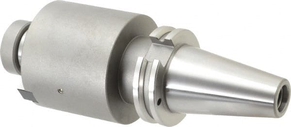 Accupro - CAT40 Taper Shank 1-1/4" Pilot Diam Shell Mill Holder - 4" Flange to Nose End Projection, 5/8-18 Lock Screw, Through-Spindle & DIN Flange Coolant - Exact Tooling