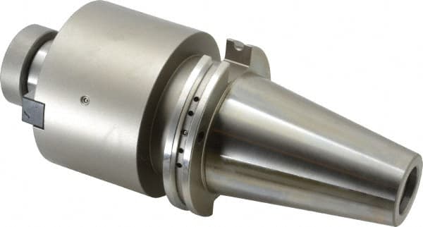 Accupro - CAT50 Taper Shank 1-1/2" Pilot Diam Shell Mill Holder - 4" Flange to Nose End Projection, 3/4-16 Lock Screw, Through-Spindle & DIN Flange Coolant - Exact Tooling