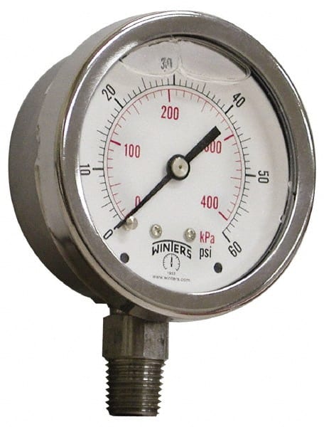 Winters - 2-1/2" Dial, 1/4 Thread, 0-600 Scale Range, Pressure Gauge - Lower Connection Mount, Accurate to 1.5% of Scale - Exact Tooling
