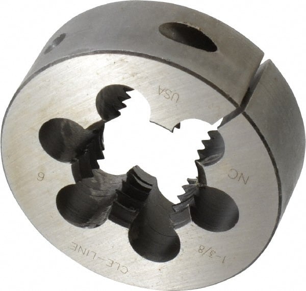 Cle-Line - 1-3/8 - 6 UNC Thread, 3" Outside Diam Carbon Steel Round Die - 1" Thick, Right Hand Thread, Series 0610, Adjustable - Exact Tooling