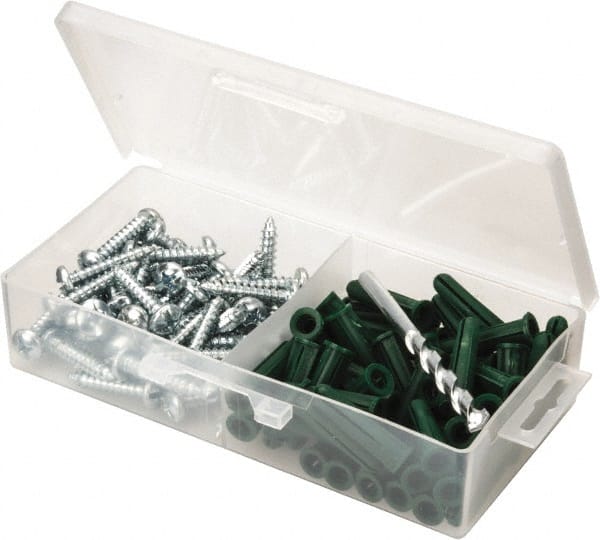 Value Collection - 100 Piece, #14 to 16 Screw, Plastic & Steel Slotted/Phillips Drive Anchor Assortment - Zinc Plated, 1-1/2" Long - Exact Tooling