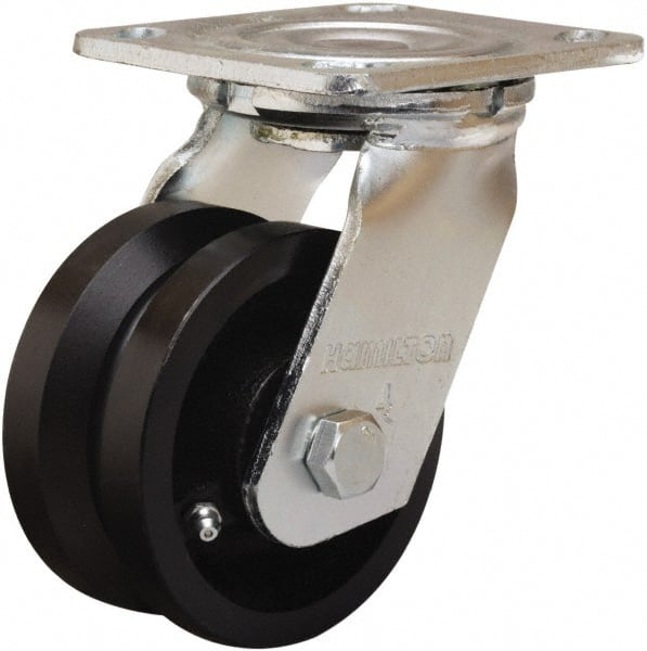 Hamilton - 4" Diam x 2" Wide, Iron Swivel Caster - 800 Lb Capacity, Top Plate Mount, 4" x 4-1/2" Plate, Straight Roller Bearing - Exact Tooling