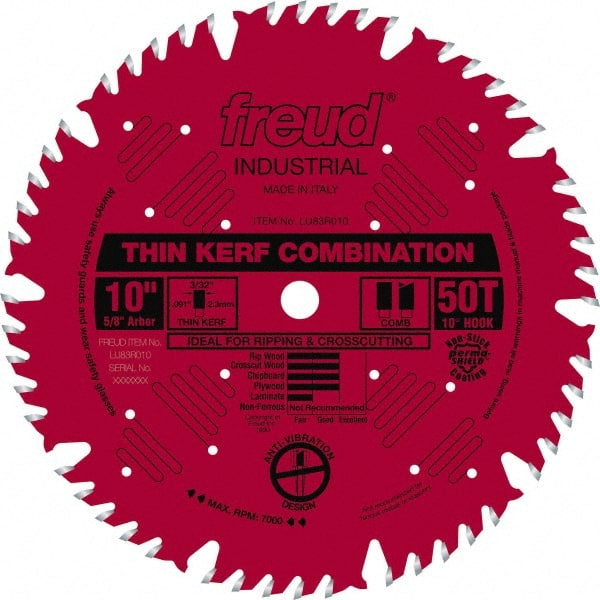 Freud - 10" Diam, 5/8" Arbor Hole Diam, 50 Tooth Wet & Dry Cut Saw Blade - Carbide-Tipped, Combination Action, Standard Round Arbor - Exact Tooling